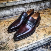 Handmade Maroon Black Moccasin Loafer Slip Ons Vintage Genuine Men Leather Shoes - £119.89 GBP+