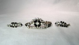 Vintage Black &amp; Clear Rhinestone Bracelet Clip Earrings Set K1405 - $33.66