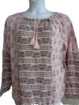 New Directions 2X Cotton Blend L/S Tie Scoop Neck Printed Cinched Bottom Top  - £12.59 GBP