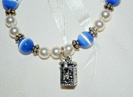 Blue Cat&#39;s Eye &amp; Swarovski Pearl Bracelet w/ Prayer Box Charm NEW - £11.10 GBP