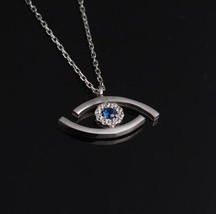 14K White Gold Finish Evil Eye Pendant 2Ct Round Cut Lab-Created Sapphire 18&quot; - £84.01 GBP