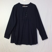 Bit &amp; Bridle Top Size 3X Navy Blue Baby Doll Cotton Long Sleeve Blouse Button - £7.84 GBP