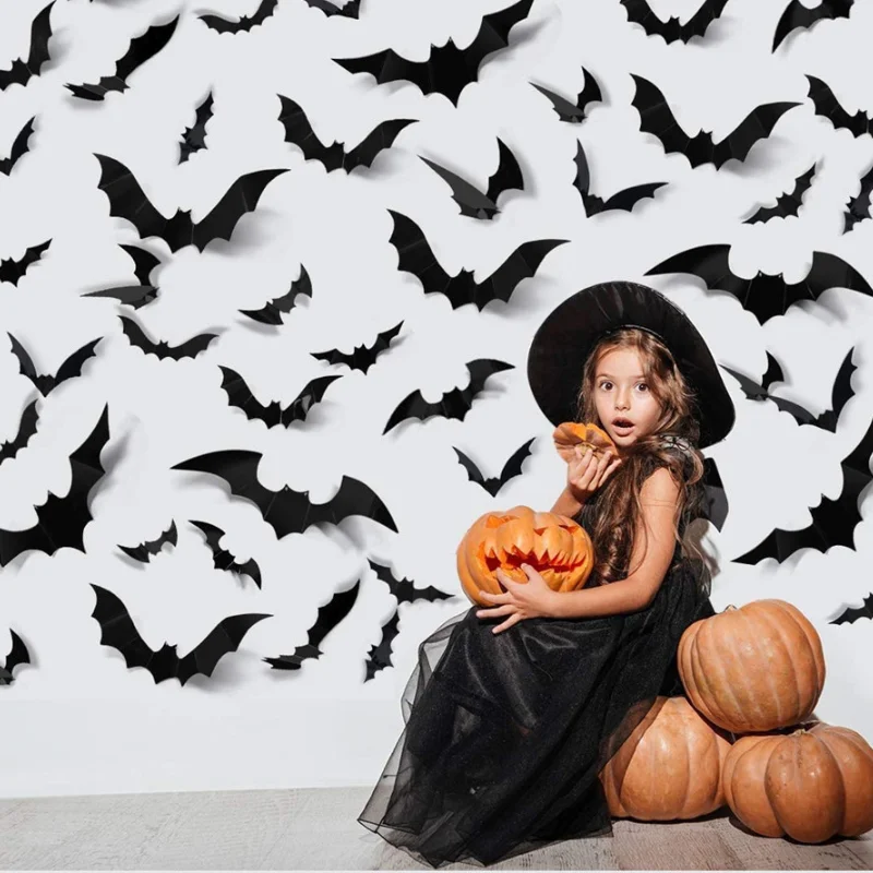 Play 24/48pcs Halloween Decoration 3D Black PVC Bat Halloween Party DIY Decor Ba - £23.37 GBP