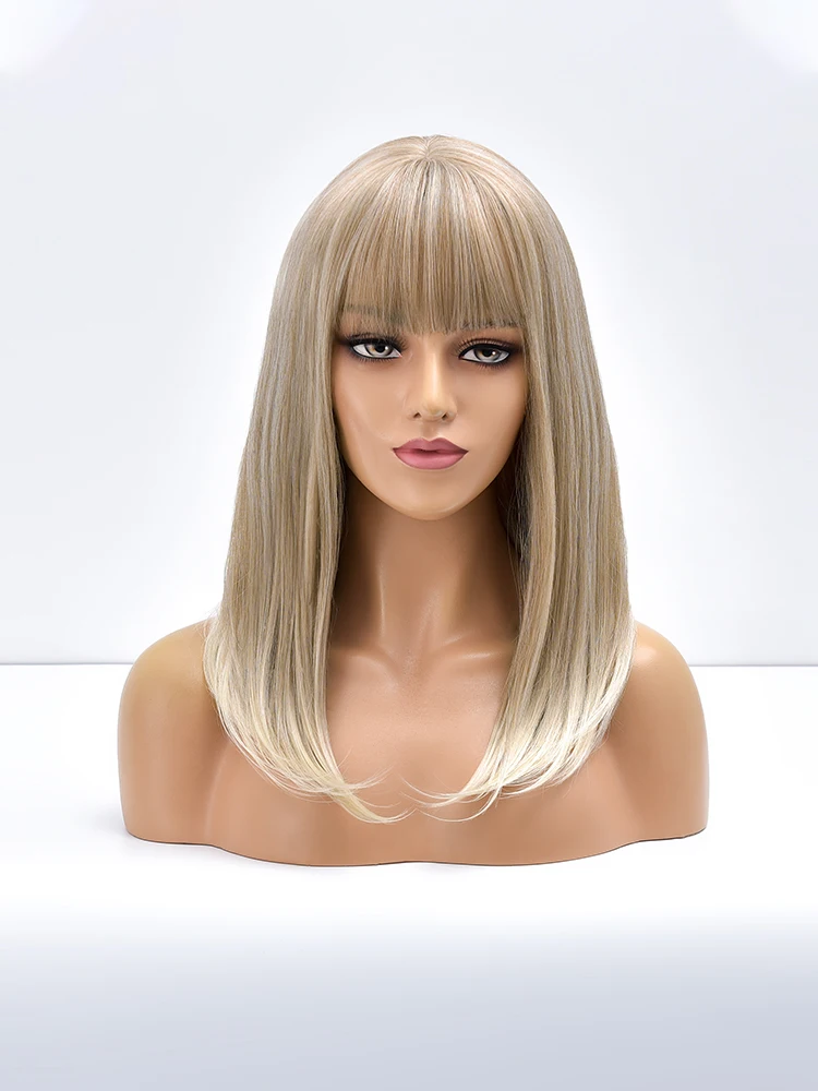 Blonde Ombre Long Straight Gold Synthetic Wig With Bangs For Black White Women - £15.56 GBP+