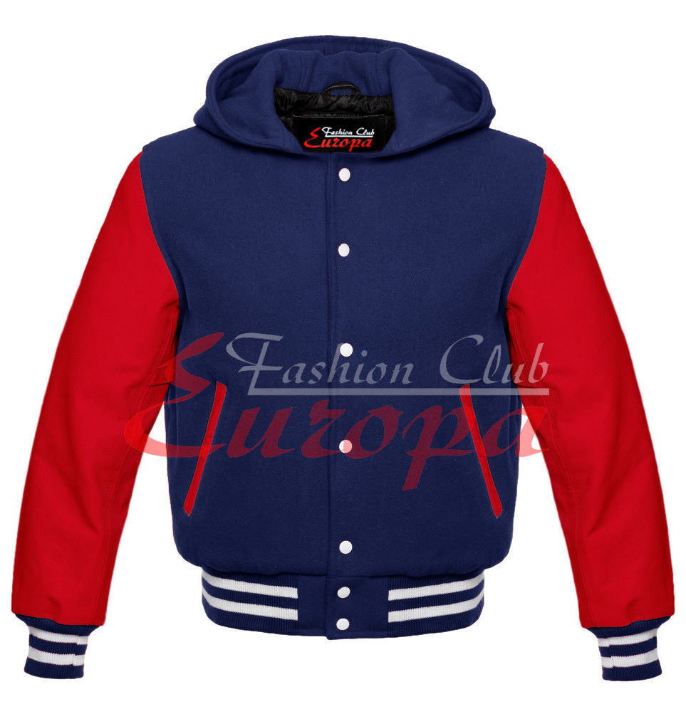 BLUE AMERICAN VARSITY JACKET COLLEGE HOODIE LETTERMAN WOOL&REAL LEATHER SLEEVE