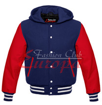 Blue American Varsity Jacket College Hoodie Letterman Wool&amp;Real Leather Sleeve - £71.33 GBP