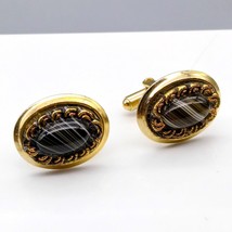Vintage Banded Agate Cuff Links, Gold Tone Stone Ovalin Neutral Colors Cabochon - £22.19 GBP