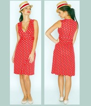 POLKA DOT DRESS RED STRETCH SLEEVELESS SUMMER V-NECK DRESS MADE IN EUROP... - £63.07 GBP