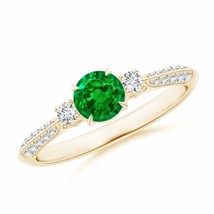 ANGARA Three Stone Emerald and Diamond Knife-Edge Shank Ring in 14K Gold - £1,919.66 GBP