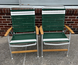 Vintage Aluminum LAWN CHAIRS PAIR Folding Green Vinyl pool patio set TEL... - $206.61 CAD