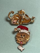 Lot of Goldtone Kitty Bird &amp; Worm &amp; Santa Claus Cat w White Enamel Fish Brooch - £8.84 GBP