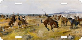 CHARLES M RUSSELL OLD WEST COWBOYS BREAKING CAMP CAR TRUCK METAL LICENSE... - £12.65 GBP