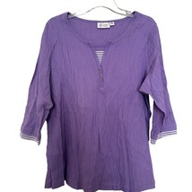 Denim &amp; Co. Womens Gauze Top Purple 1X Cotton Blend 3/4 Sleeve Striped D... - $18.81