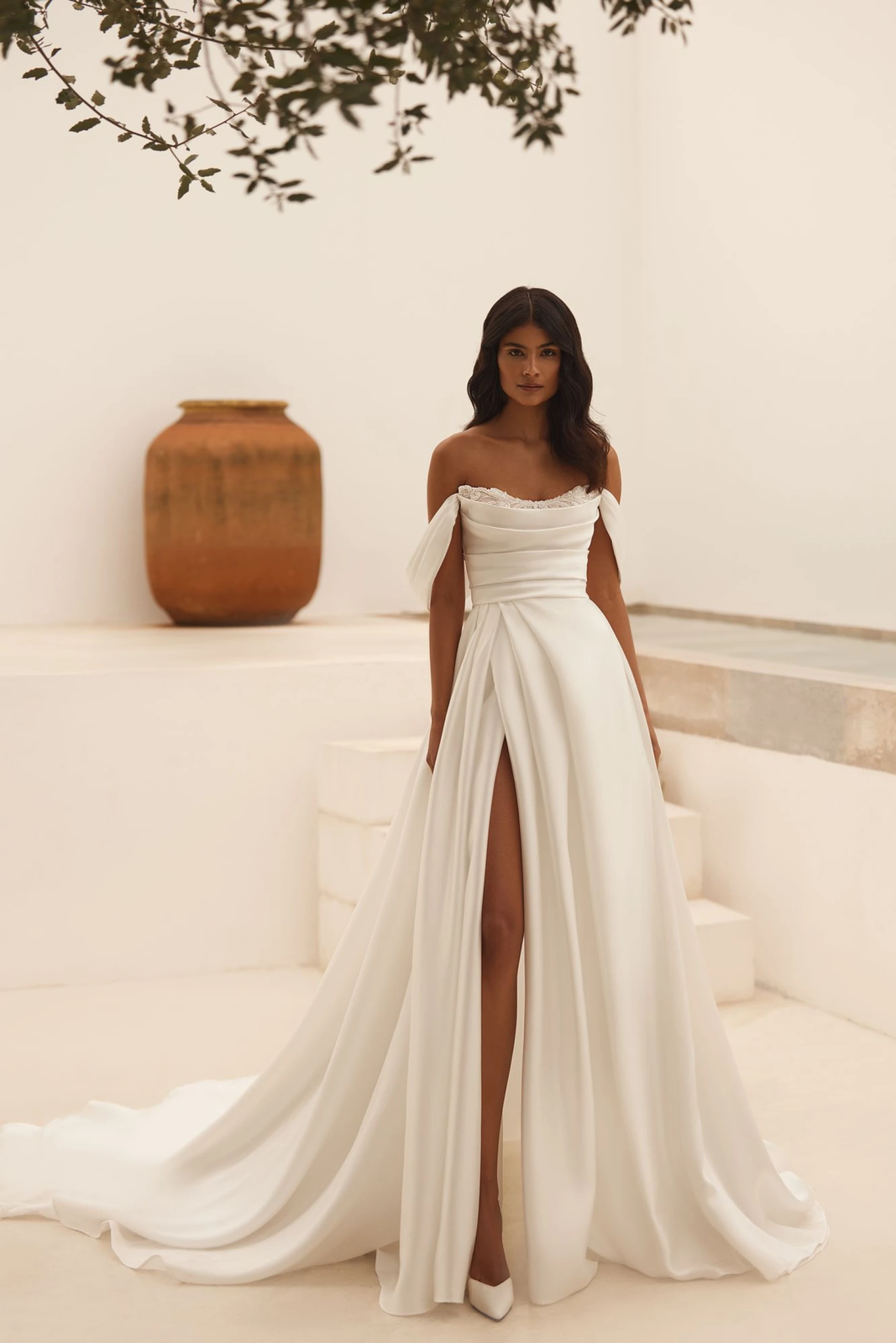 A-Line Off-Shoulder Neck and High Slit in Voluminous Satin and Lace in O... - $487.00