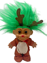Vintage Christmas Rudolph Reindeer 5&quot; Russ Troll Doll With Green Hair Brown Eyes - £12.45 GBP