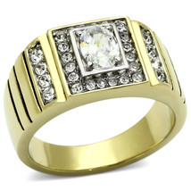Men&#39;s Two-Tone IP Gold Stainless Steel Ring w/ Triple AAA CZ Stones - £14.34 GBP