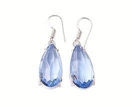 Sterling Silver Handmade Blue Topaz Teardrop Shape Women Vintage Earrings Gift - £45.27 GBP