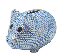 Blue Crystal Pig Metal Coin Piggy Bank w/ Swarovski Crystals - Baby Gift - £32.68 GBP