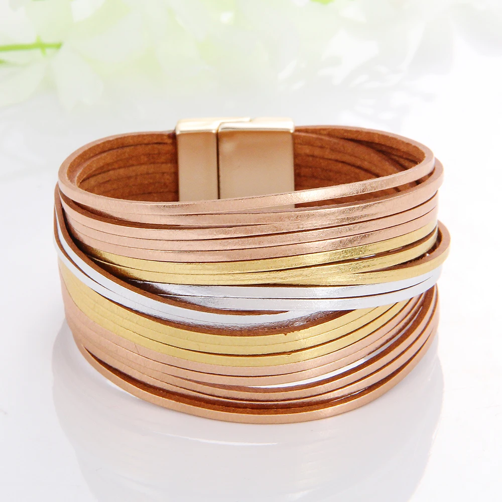 Multilayer Leather Bracelet For Women Magnet Clasp Charm Braided Wide Wrap Brace - £13.93 GBP