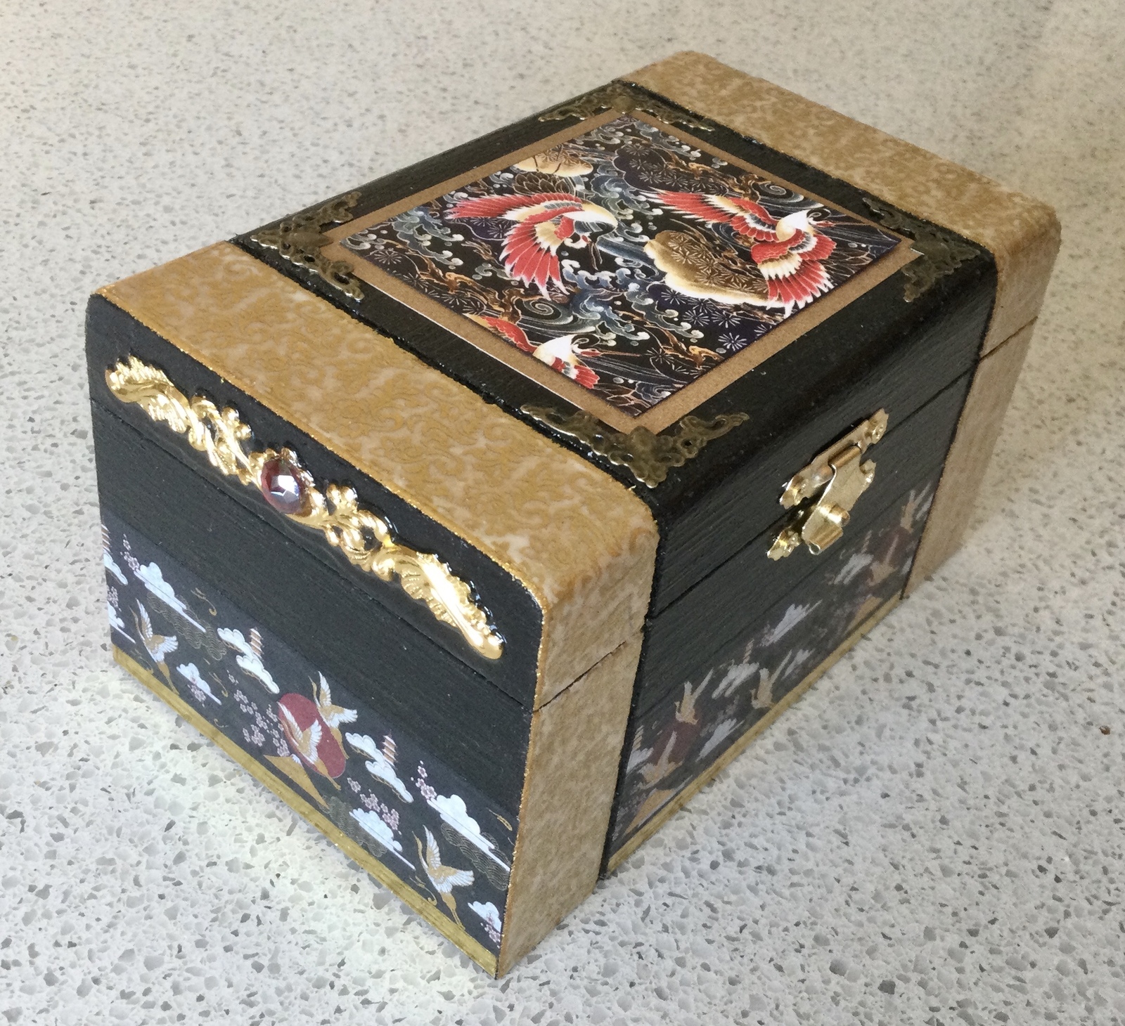Chinese Oriental Cranes Themed Red, Black and Gold Trinket Box  - $10.50