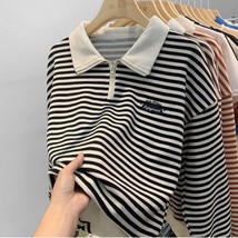 Vintage Pinstripes Half Zipper  Neck Long Sleeve Shirt Loose Sweatshirt Hoodie W - £56.42 GBP