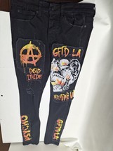 Mens GFTD LA Los Angeles Jeans Size 33 X 33 Black Skinny Distressed Psycho Skull - £18.49 GBP