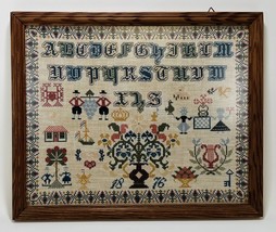 Dated 1876 Dutch Embroidered framed sampler with alphabet and old Dutch motifs - £391.52 GBP