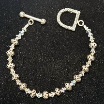 Sterling Silver Beads &amp; Aurora Borealis Crystal Bracelet 7 1/4&quot; Long Small Wrist - £19.94 GBP