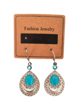 Fashion Jewelry Dangle/Drop Earrings Silver Tone Aqua Cat&#39;s Eye Beads 1 inch - £7.25 GBP