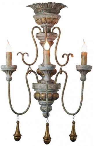 Primary image for Sconce Light Wall Decorative Drops 3-Arm Distressed Antique Blue Gold Set 2