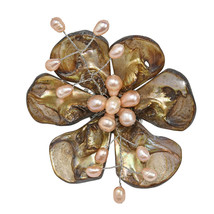 Natural Shell with Pearl Accented Floral Pin or Brooch - £13.27 GBP