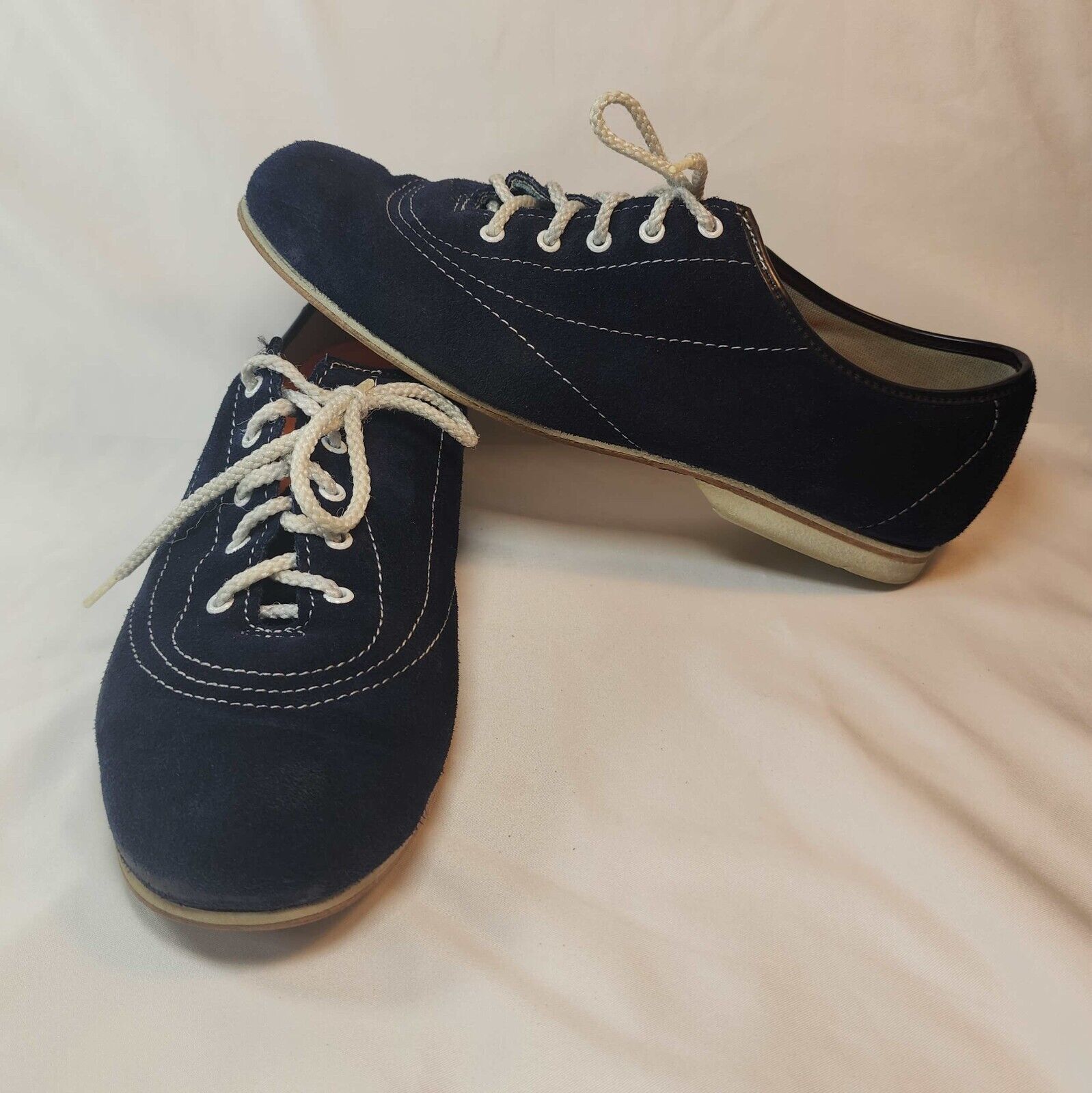Vintage Brunswick Sliders Navy Blue Suede Bowling Shoes Sz 8.5 White Laces VG - $56.06