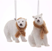 Kurt Adler Set Of 2 Winter White Polar Bear Wearing Tan Scarf Xmas Ornaments - £15.09 GBP