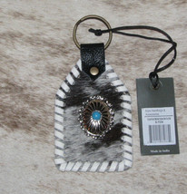Myra Bag #7554 Key Fob 3.5&quot;x2.25&quot; Hairon Leather~Key Ring~Turquoise Stone Concho - £9.94 GBP