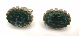 MCM Cufflinks Signed Hickok Green Marbled Cabochons Acrylic or Glass Gol... - $25.00