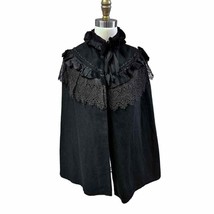 1880s Antique Black Wool Mourning Cape w/ Cut Glass Beading &amp; Lace Steam... - £88.79 GBP