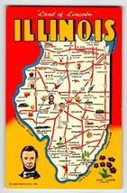 Greetings From Illinois Postcard Map Chrome State Abe Lincoln Violet Unused - $11.88