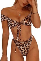 PRETTYGARDEN Womens 2 Piece Leopard Print Front Knot Crop Off-Shoulder High Cut - £11.64 GBP