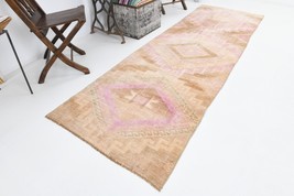 3x9 Vintage Turkish Rug, Oushak Handmade Wool Runner, Brown Geometric Hallway Ru - £242.04 GBP