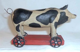 1989 Hand Carved Painted Wood Primitive Folk Art Pig Pull Toy Wheels Sig... - £60.84 GBP