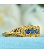 Natural Sapphire Vintage Style Filigree Three Stone Ring in Solid 9K Yel... - £511.13 GBP