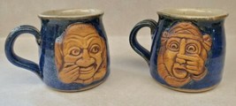 Lot of 2 Funny Face Big Nose Blue Stoneware Mugs 3D Vintage Mugs - £19.62 GBP