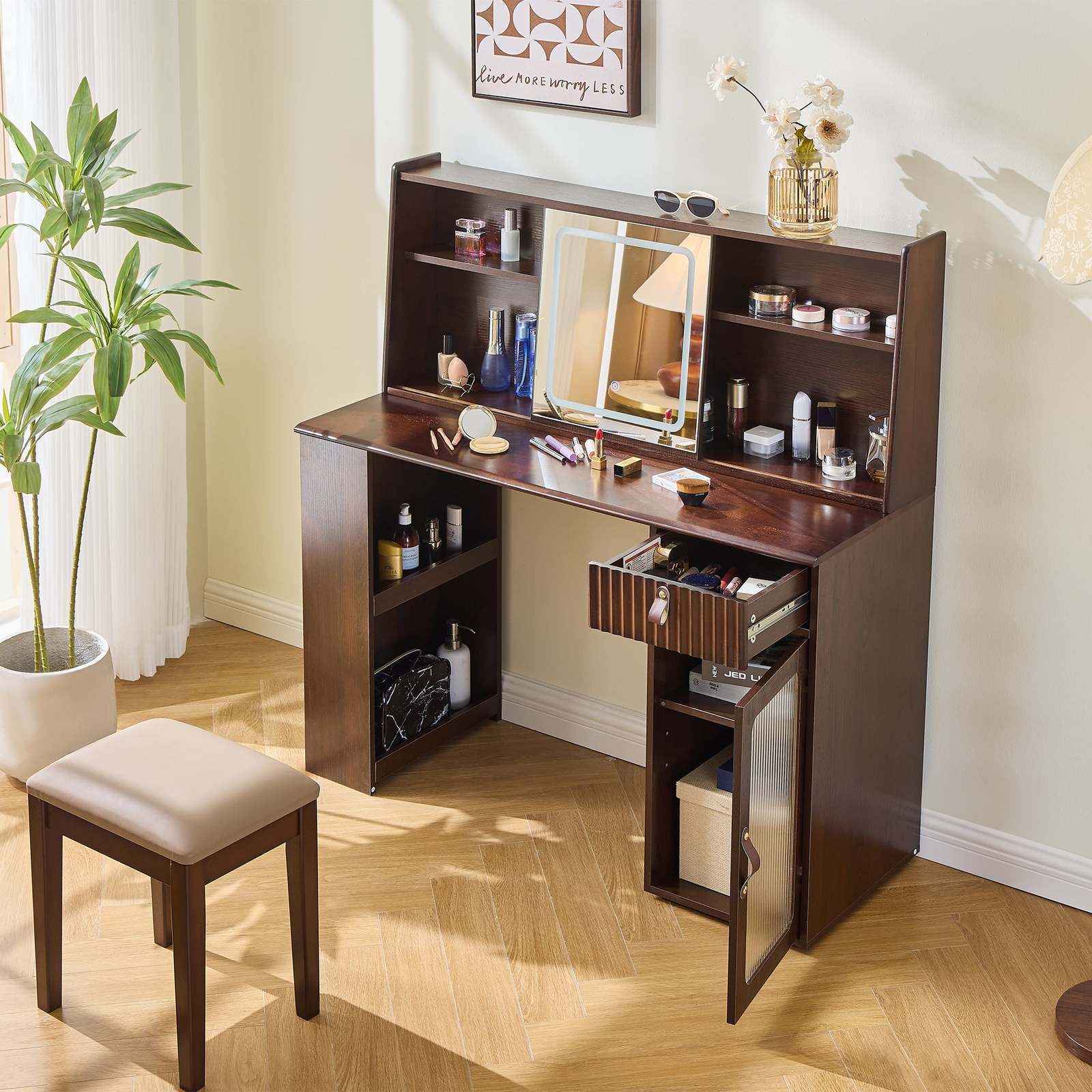 Modern Walnut Makeup Vanity Desk: Lighted Mirror & Storage Item image 4