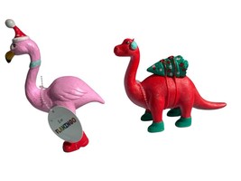 Pink Flamingo And Brontosaurus Santa Hat Christmas Tree Figurines - £4.64 GBP