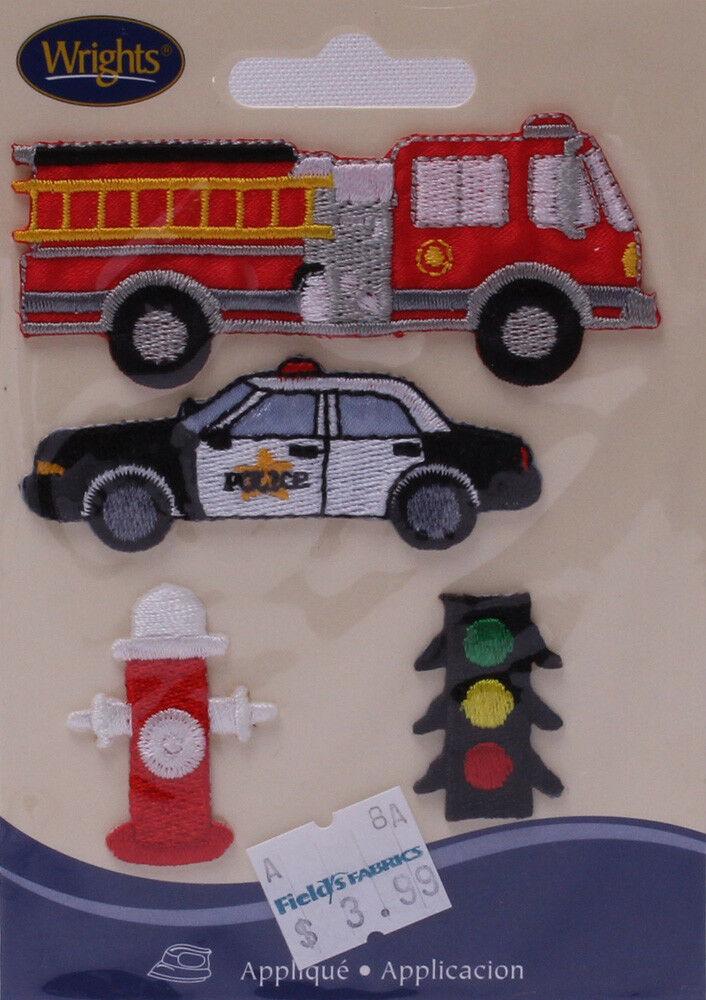 Wrights Emergency Vehicles Firetruck Police Cop Cars Iron On Appliques M... - $3.99