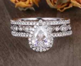 Pear Shape 3Ct Brilliant Diamond Engagement Halo Ring Sets Platinum Over Silver - £98.27 GBP