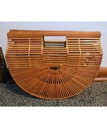 Vintage Half Moon Rattan Clutch Handbag Bamboo Top Handle Cage Bag Boho - $81.22 CAD
