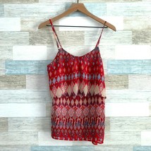 Tulle Ruffle Tiered Cami Tank Top Red Beige Mixed Boho Print Sheer Womens Small - $12.86