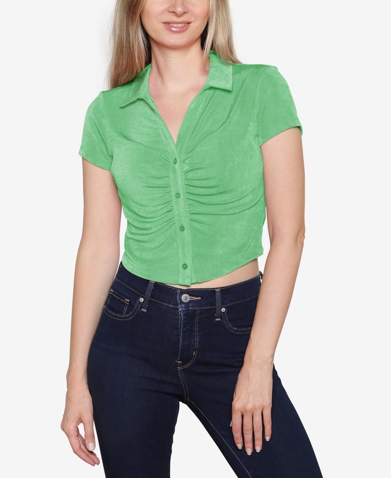 MSRP $24 Just Polly Juniors&#39; Ruched-Front Polo Shirt Green Size Medium - $6.73