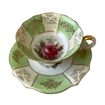 Teacup and Saucer Vintage Old Gold Japan Mint Green and Rose Floral Hand... - $23.38